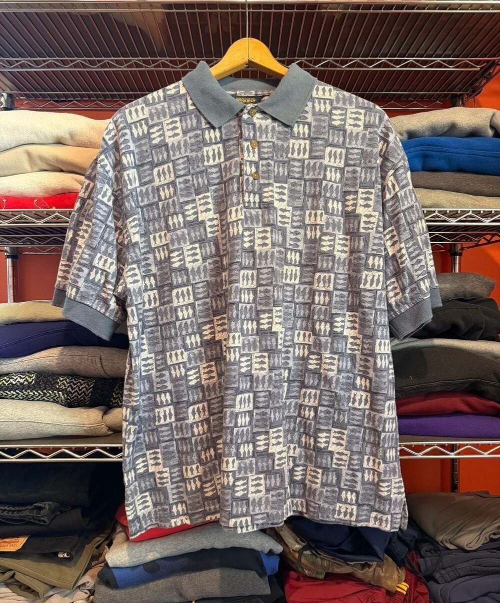 Woolrich John Rich & Bros Vintage AOP Fish Blue Short Sleeve Polo Shirt Large